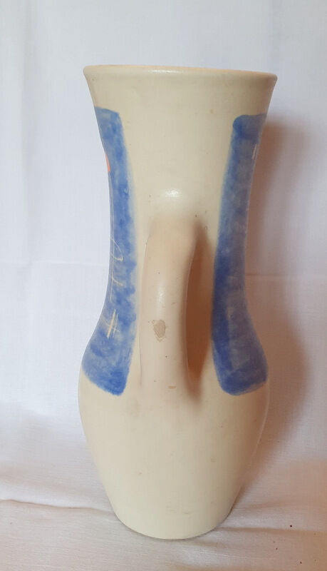 Pitcher Vallauris Vintage Abstract Decor On Blue Glacis Signed R AND G AUGUSTE
