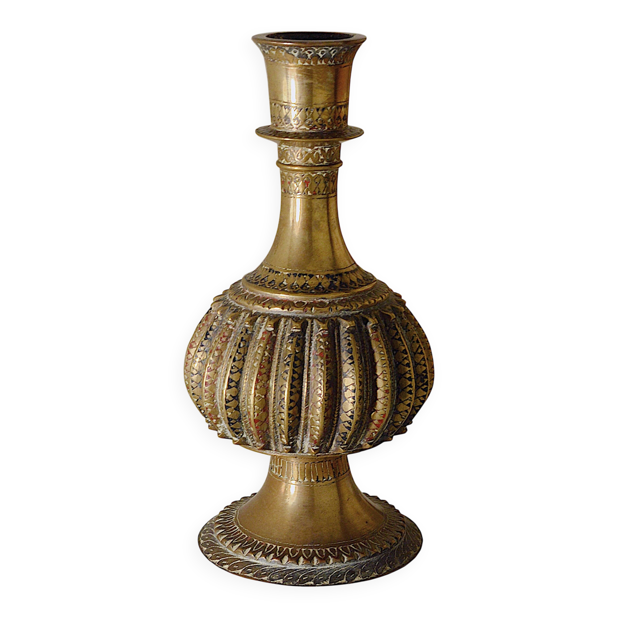 Antique bronze vase with black and red geometric patterns, 13x25cm.