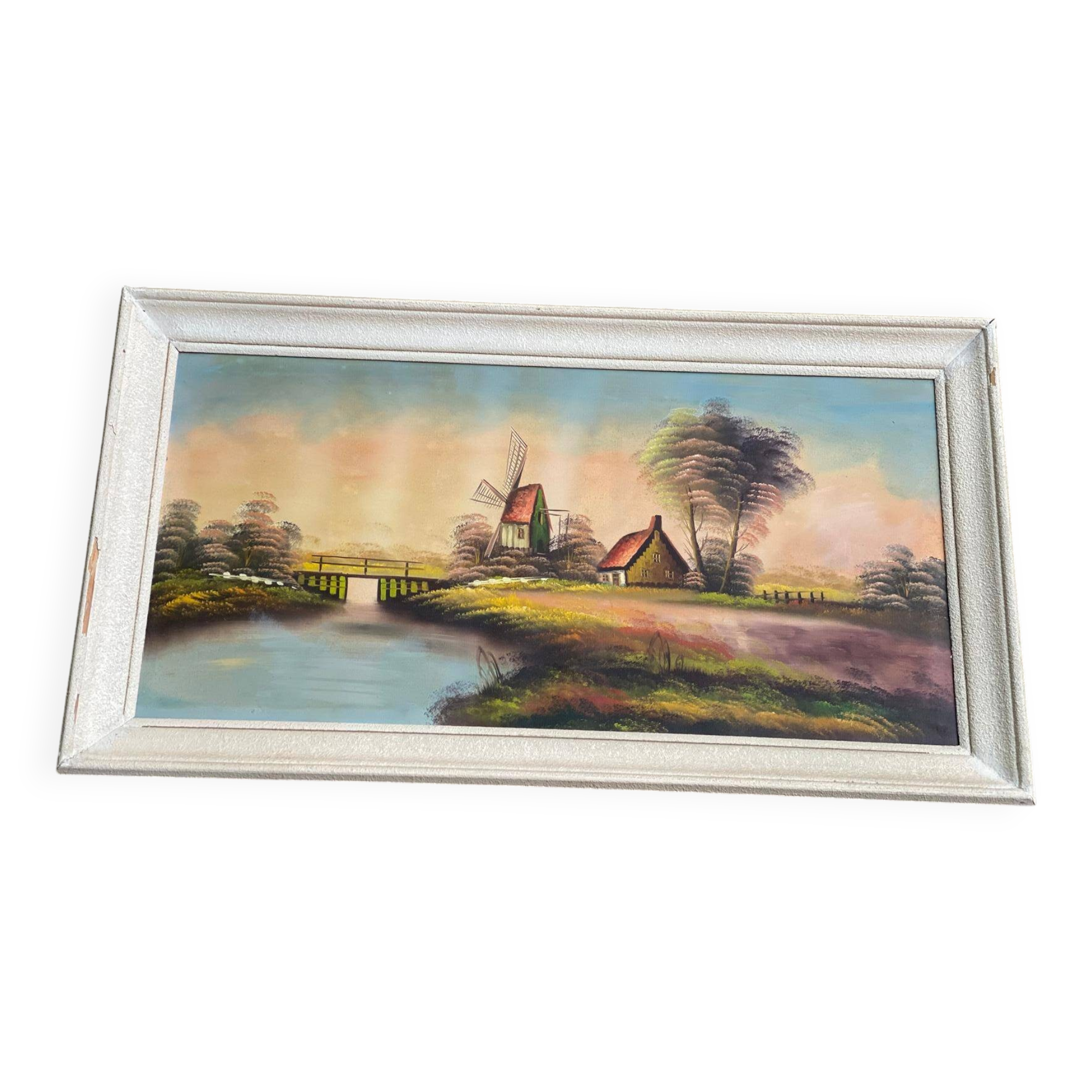 Tableau peinture huile sur toile moulin 102x57cm