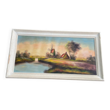 Tableau peinture huile sur toile moulin 102x57cm