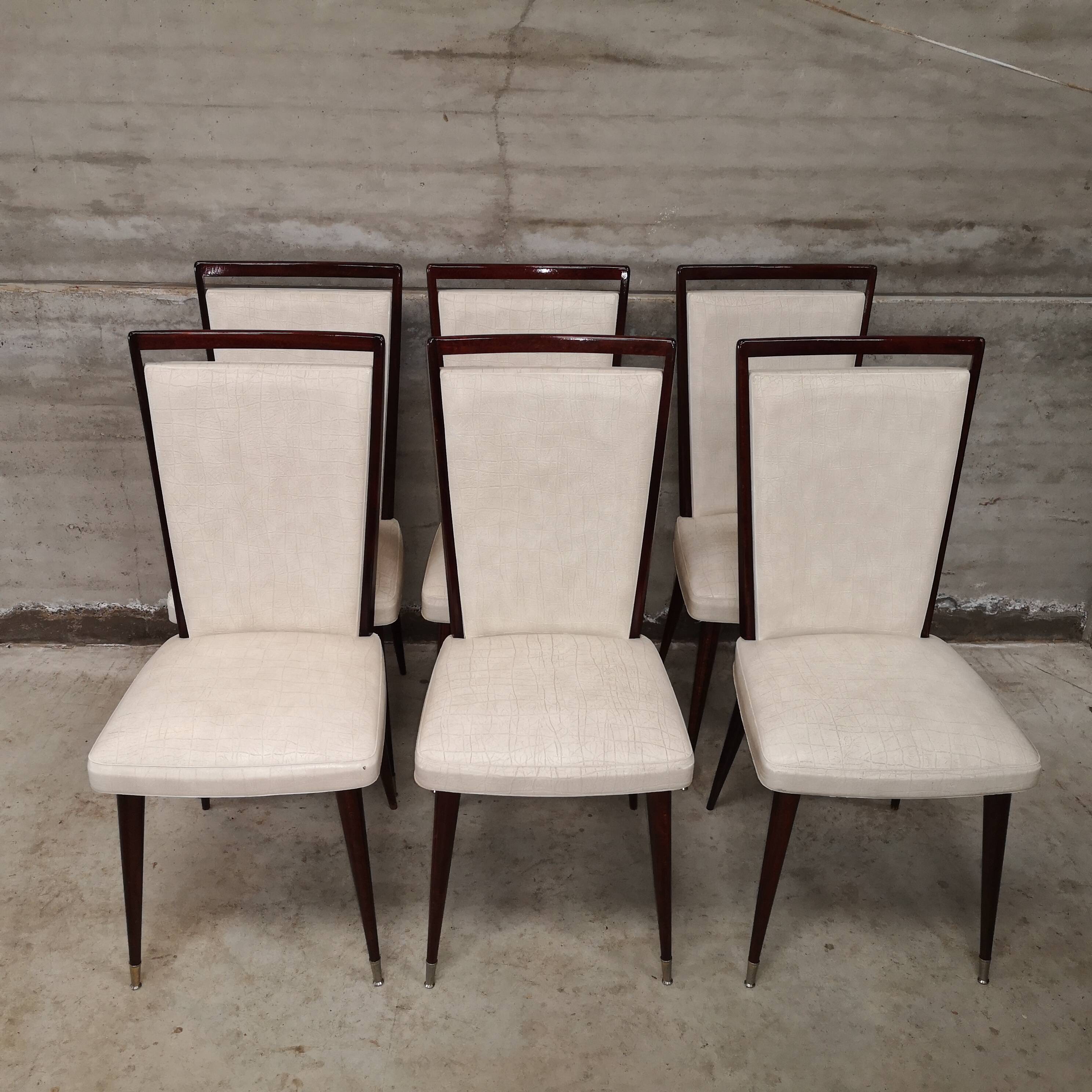 6 white leatherette and mahogany art deco style chairs, 1950