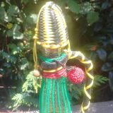Old carafe/glass bottle decorated with scoubidou with its tassels 50/60s
