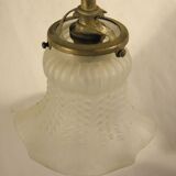 Three-spoke brass and glass chandelier