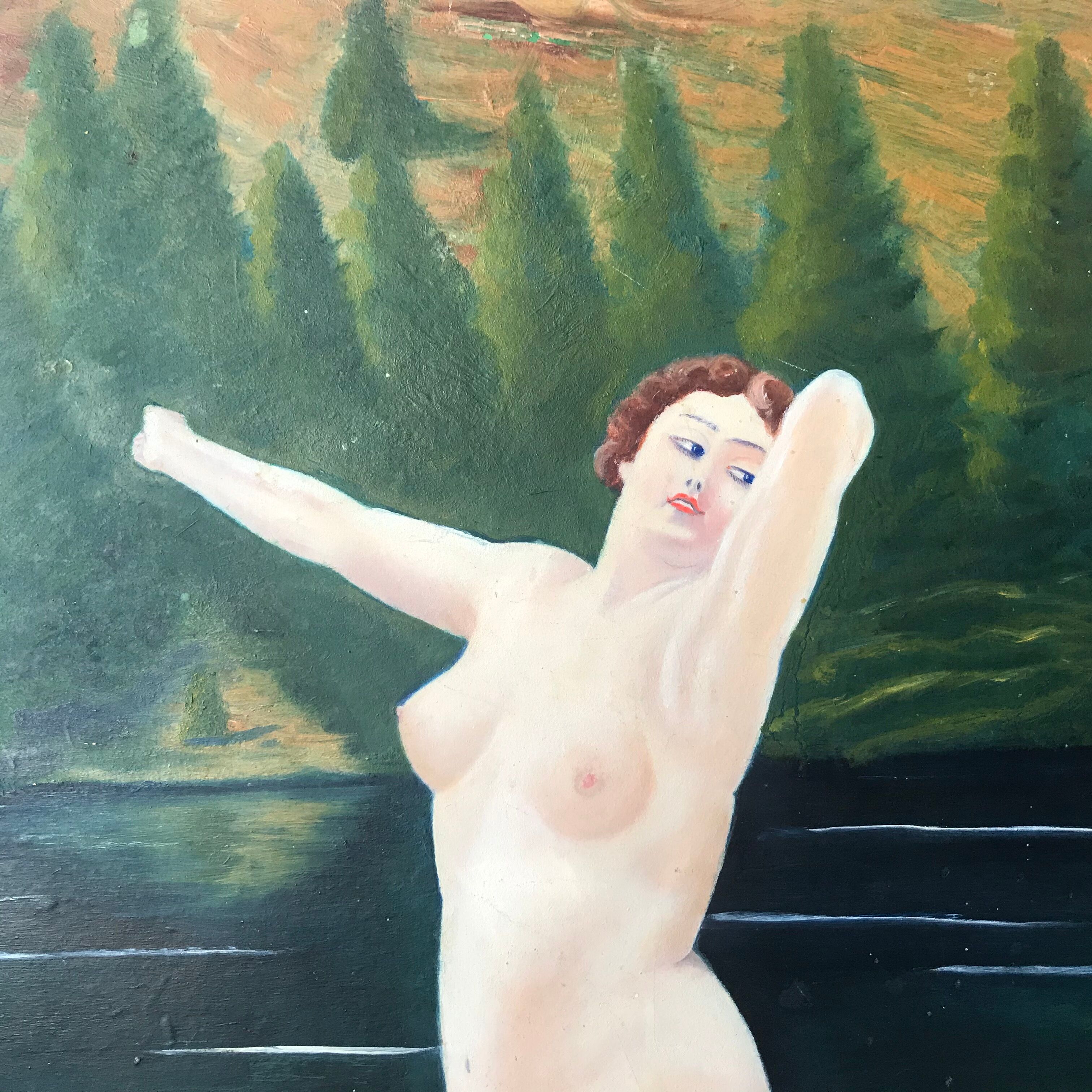 Old oil painting on large format cardboard 1920 nymph at the edge of a lake