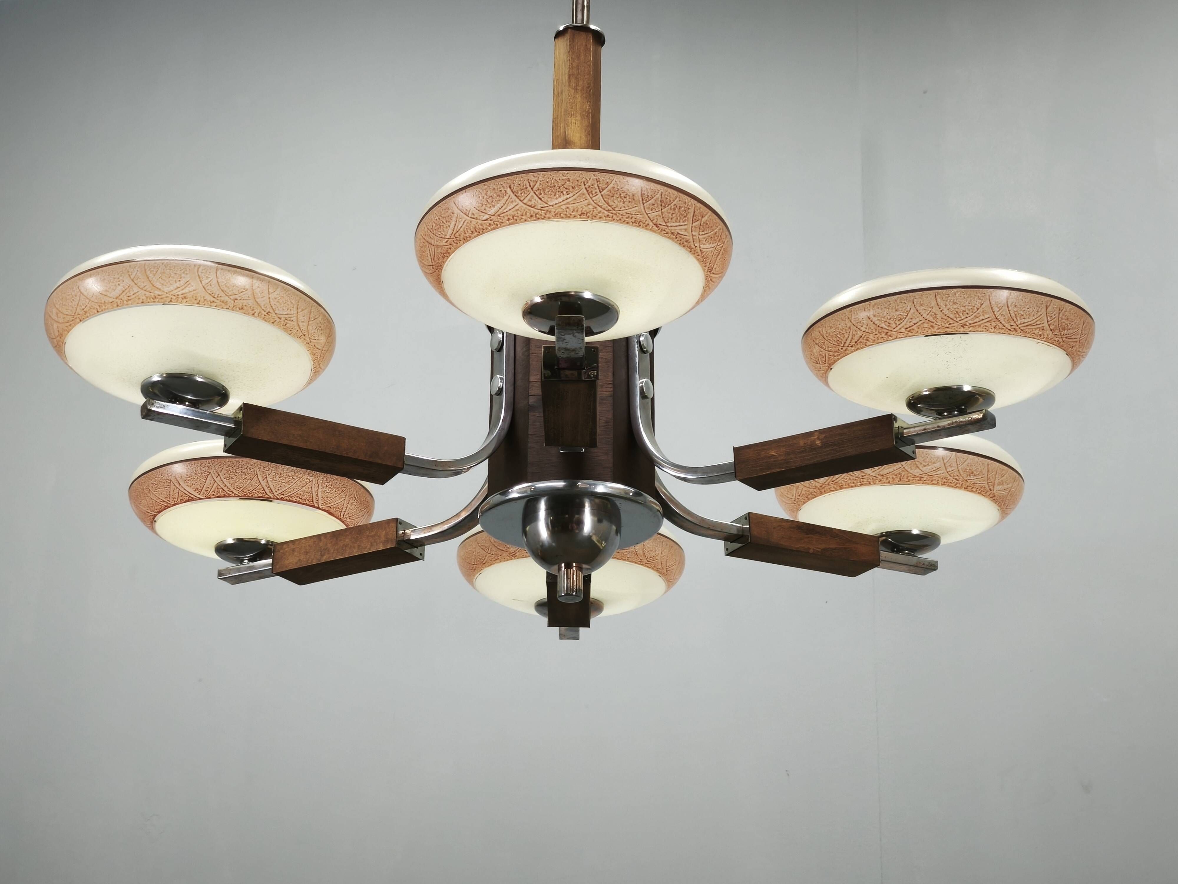 Large Art Deco Chrome, Wood and Glass Six-Light Chandelier, 1930s