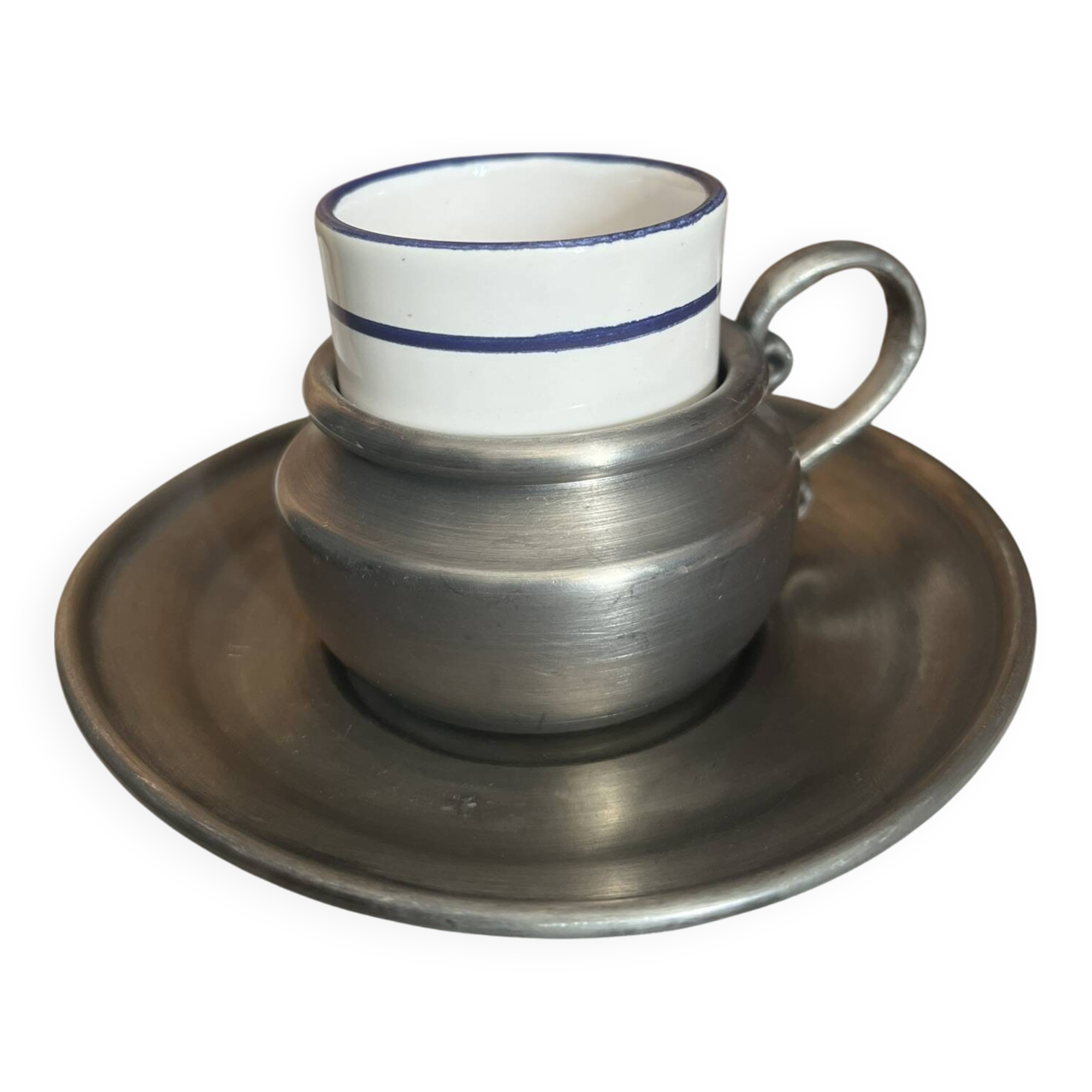 Pewter and porcelain cup and saucer