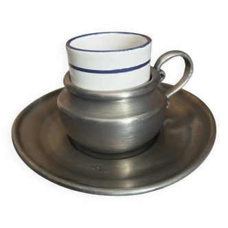 Pewter and porcelain cup and saucer
