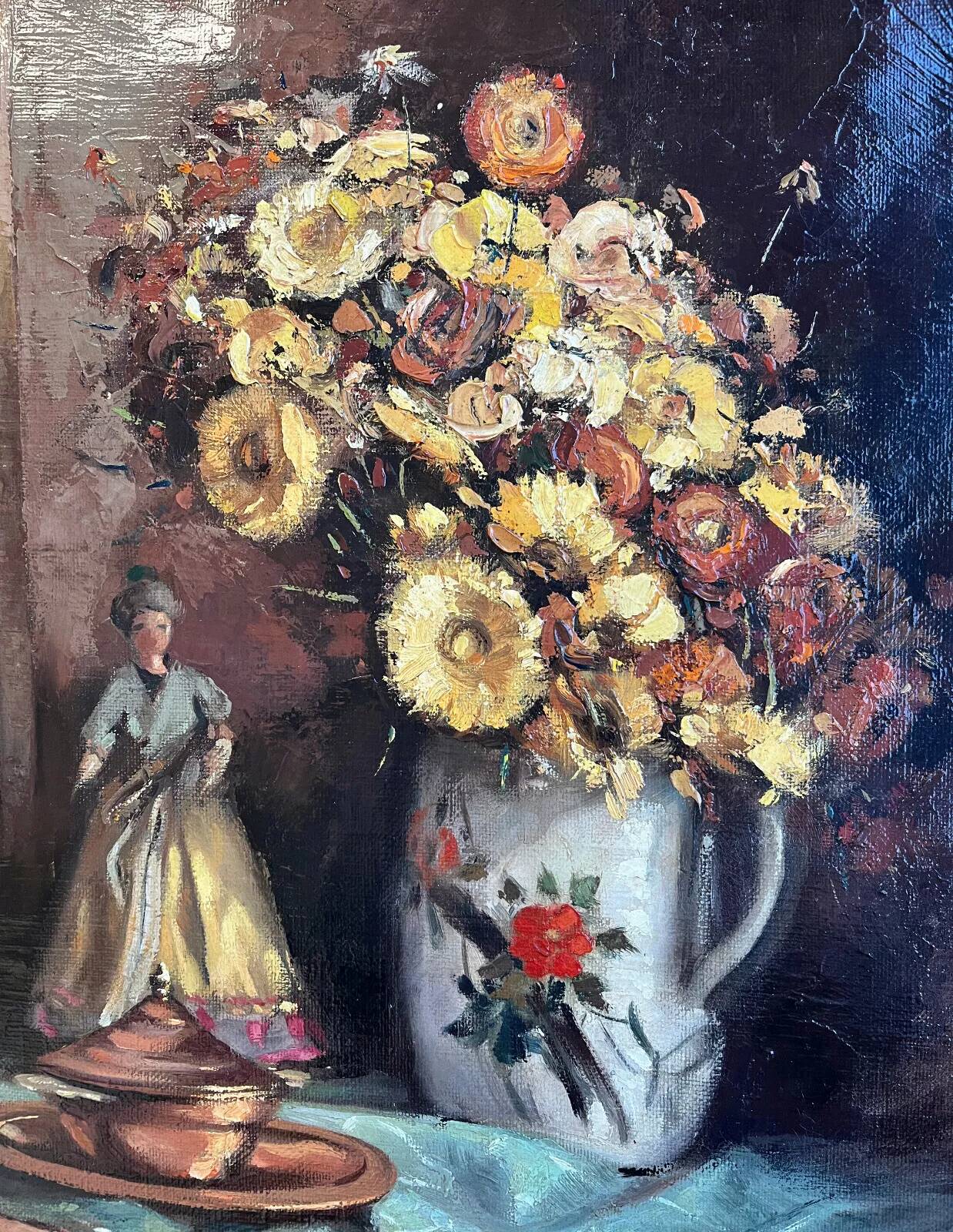 HST painting "Still life with flowers and doll" Guy VAN ISEGHEM (1905-?)