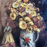 HST painting "Still life with flowers and doll" Guy VAN ISEGHEM (1905-?)