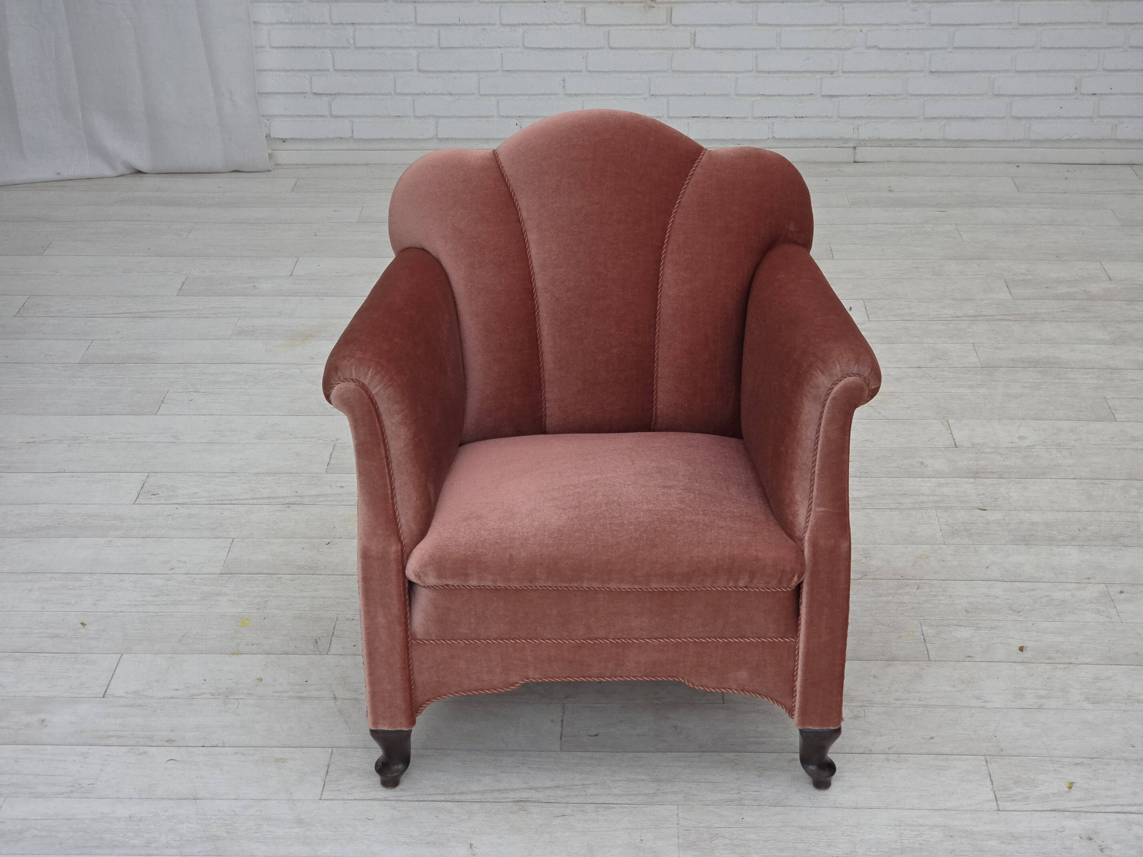 1950s, Danish armchair, salmon pink furniture velour, oak wood.