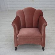 1950s, Danish armchair, salmon pink furniture velour, oak wood.
