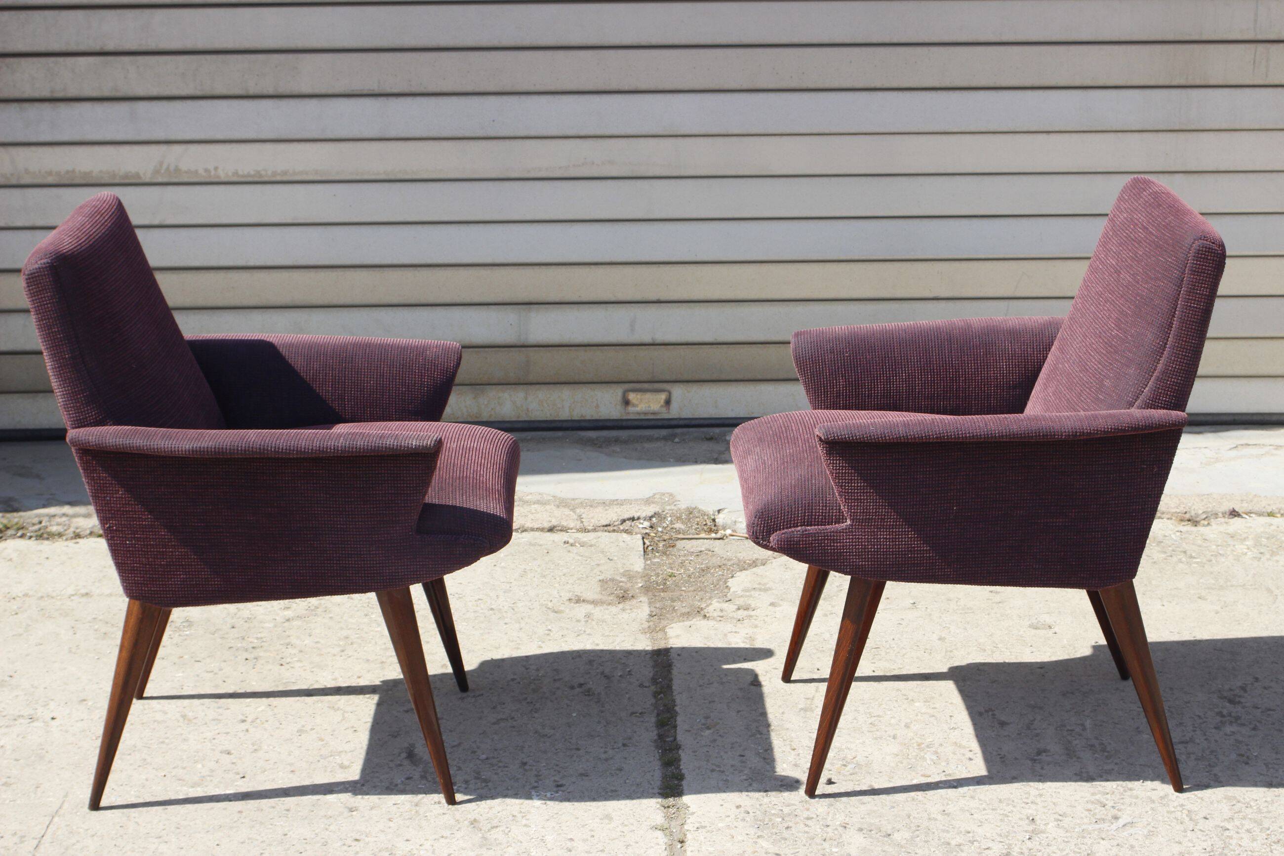 Pair of vintage purple velvet compass foot armchairs 1950s
