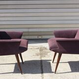 Pair of vintage purple velvet compass foot armchairs 1950s