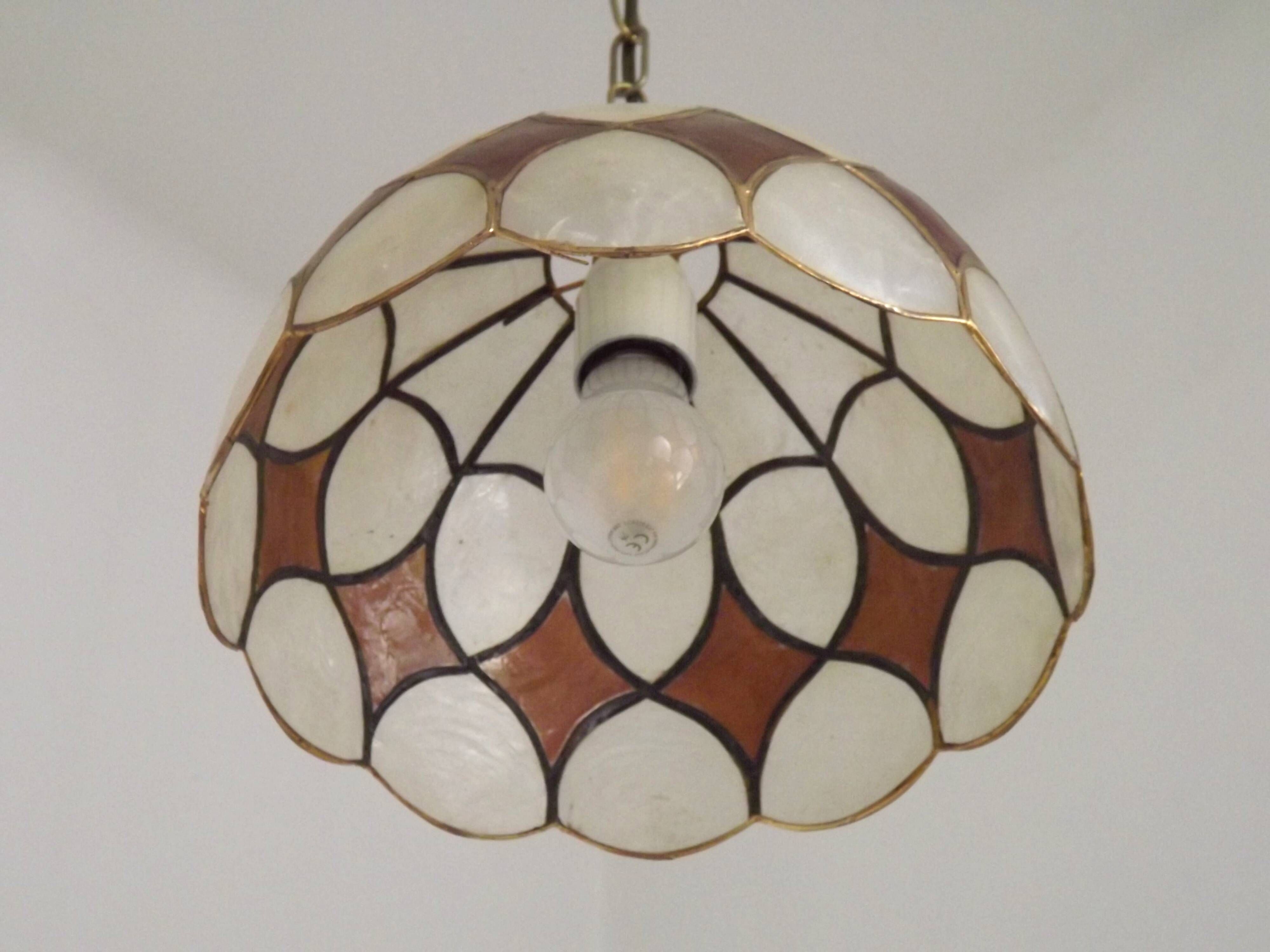 French Vintage Capiz Shell Hanging Pendant Light in Brown & White Gold Trim