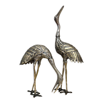 Pair of birds in brass silver patina 1960's