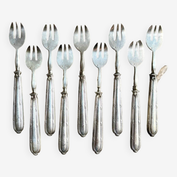 9 silver dessert forks, oyster forks