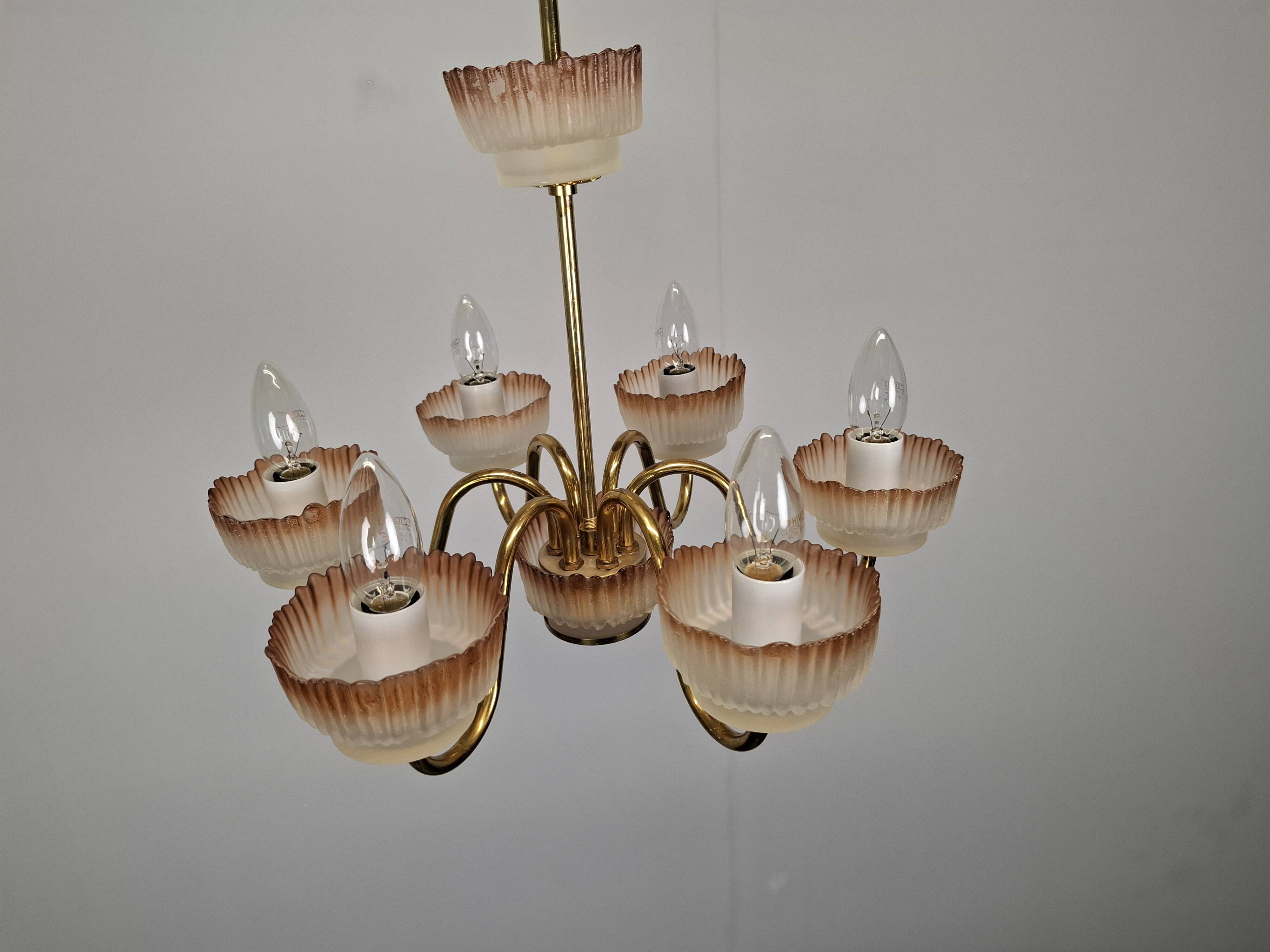1960s Czech Mid-Century Brass and Železný Brod Frosted Glass Six-Arm Chandelier