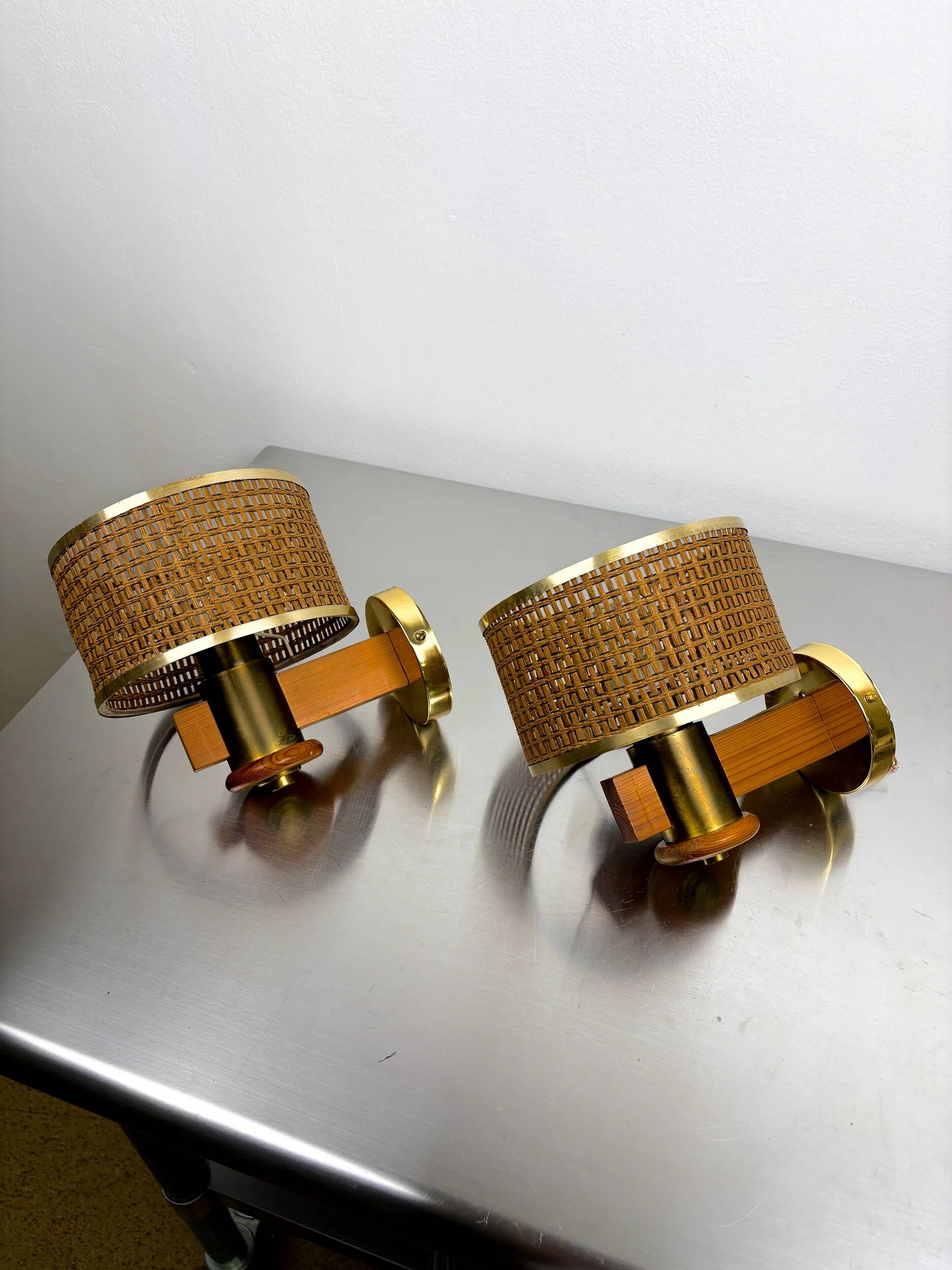 Pair of vintage rattan & wood wall sconces, Italy, 1970s