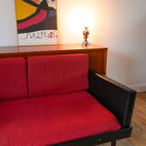 Day Bed sofa in skai, mottled red fabrics and black metal 1950