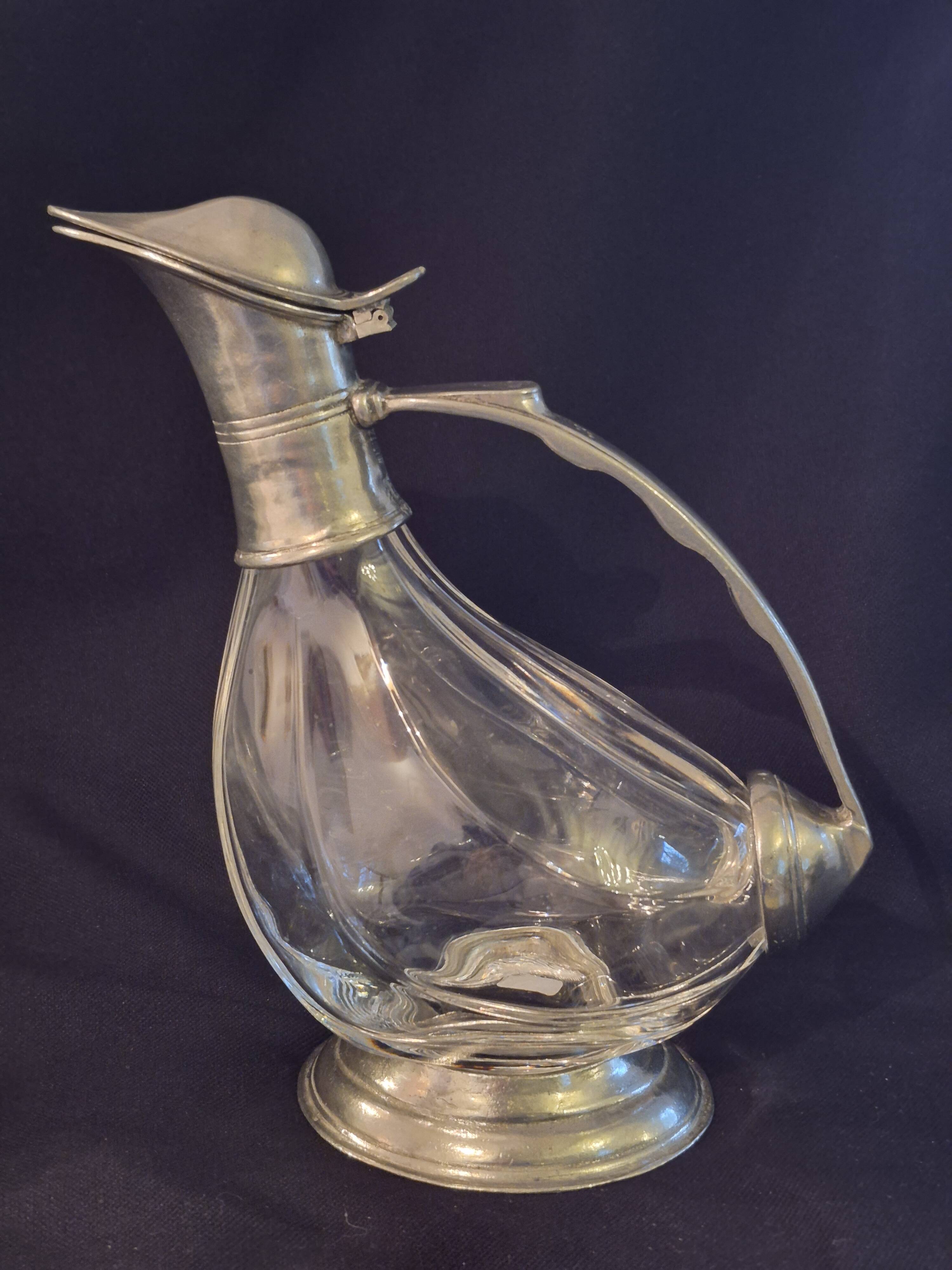 Wine carafe, duck design, glass and metal A553