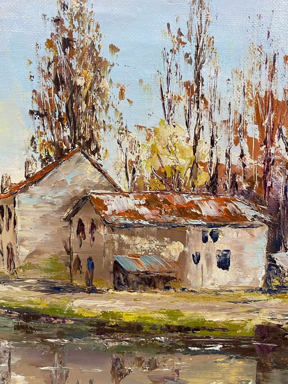 Old painting, landscape with the river signed J Micault dated 1985