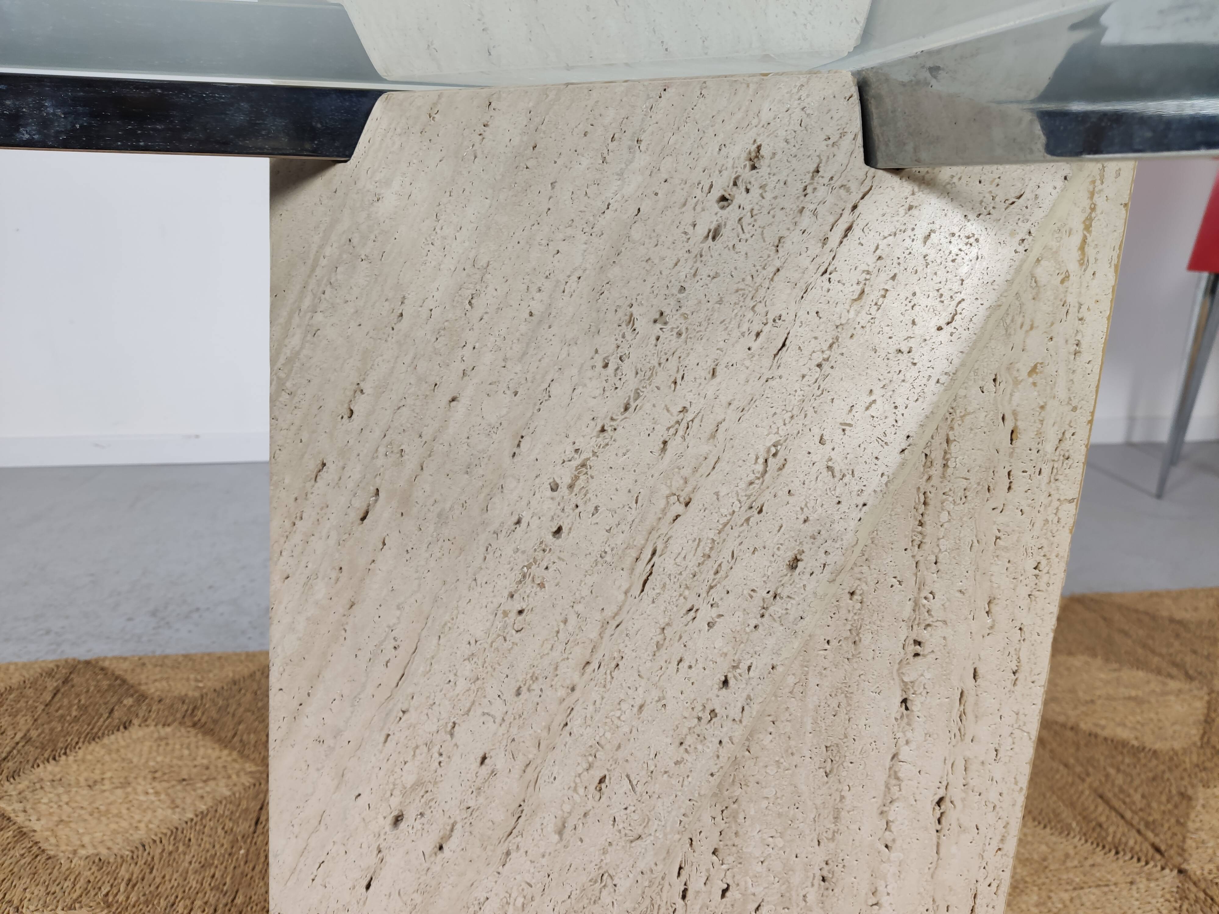 square dining table in travertine and glass , 80s