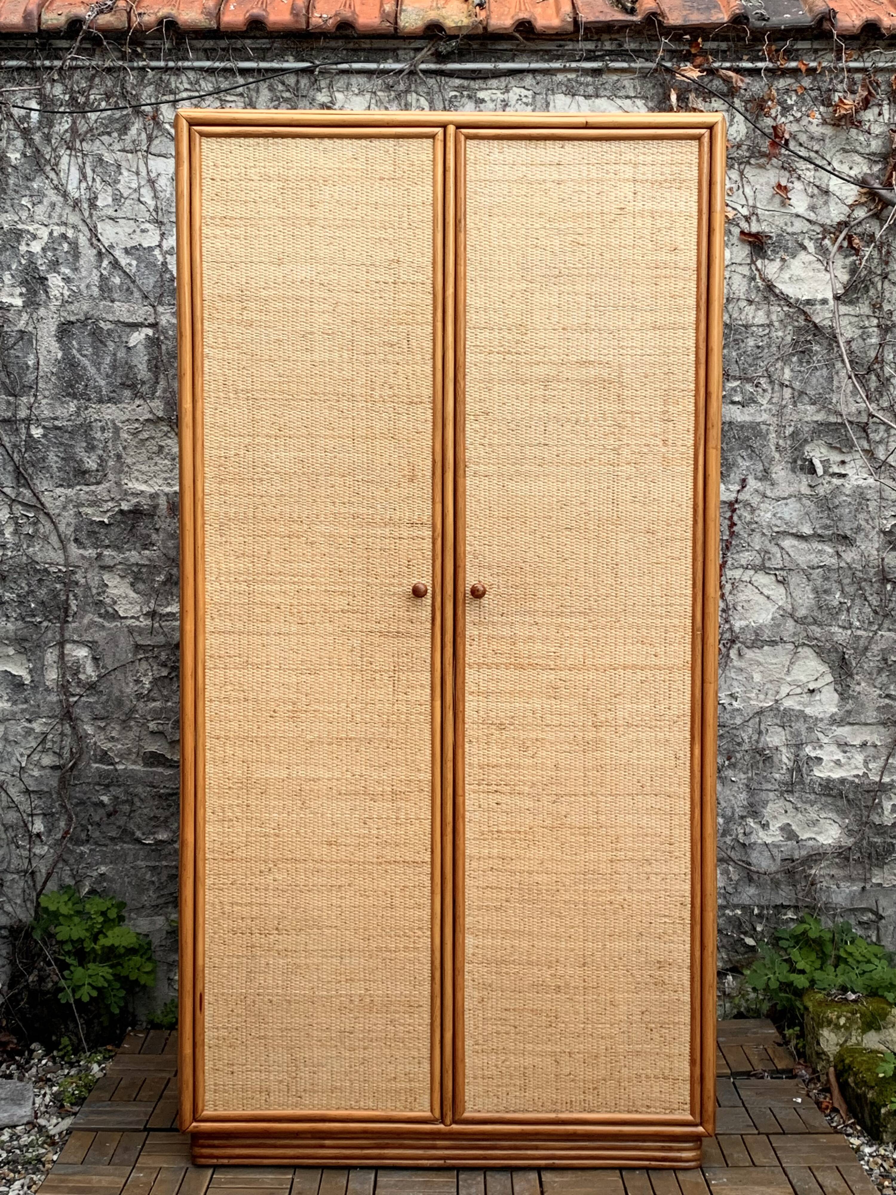 Vintage rattan and woven wicker wardrobe 1970s