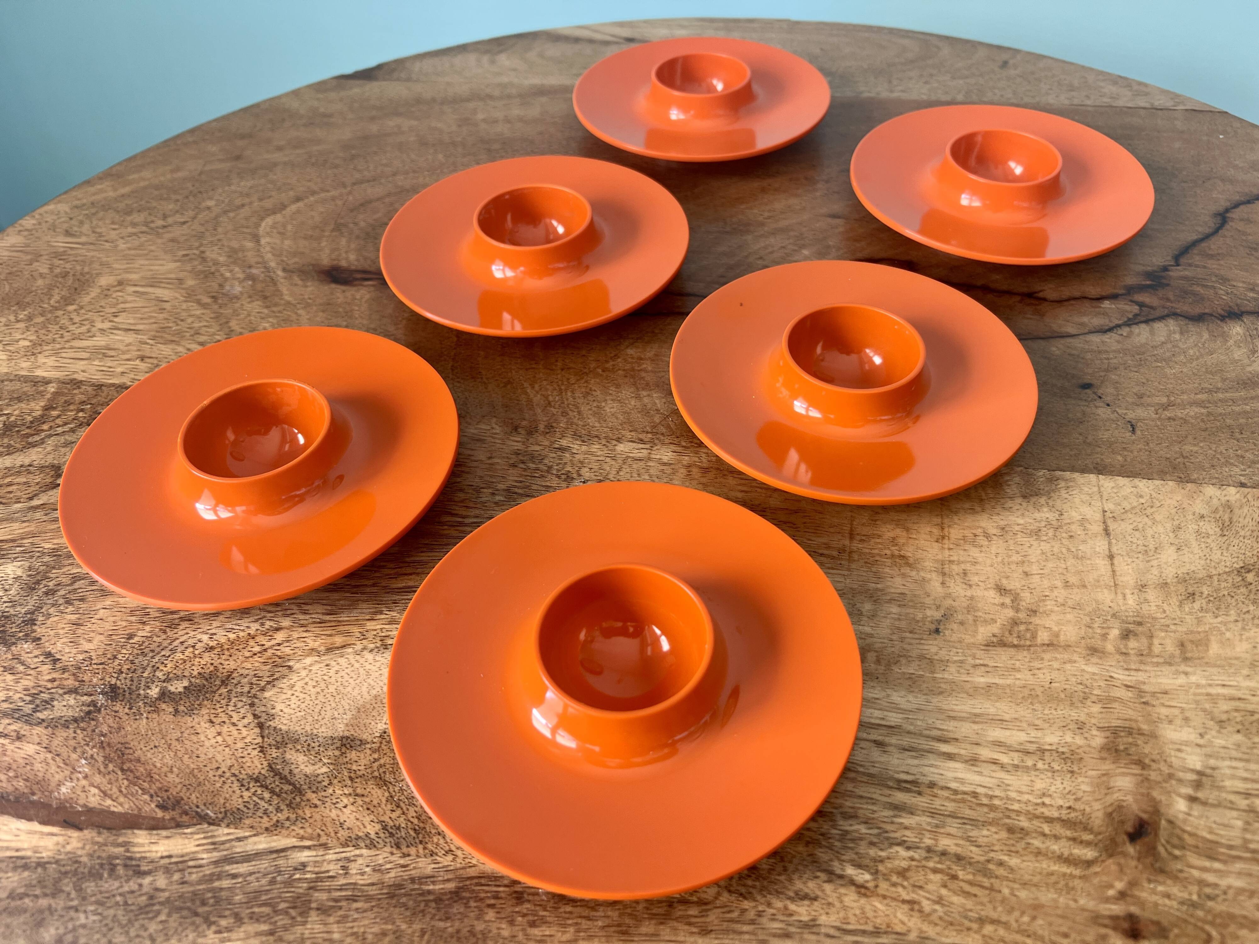 Rosti Mepal set of 6 orange egg cups, space age from Scandinavian design for apartment decoration