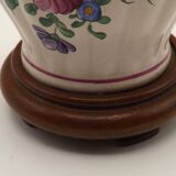 Pretty French vintage hand-painted ceramic floral lamp base on wooden plinth.