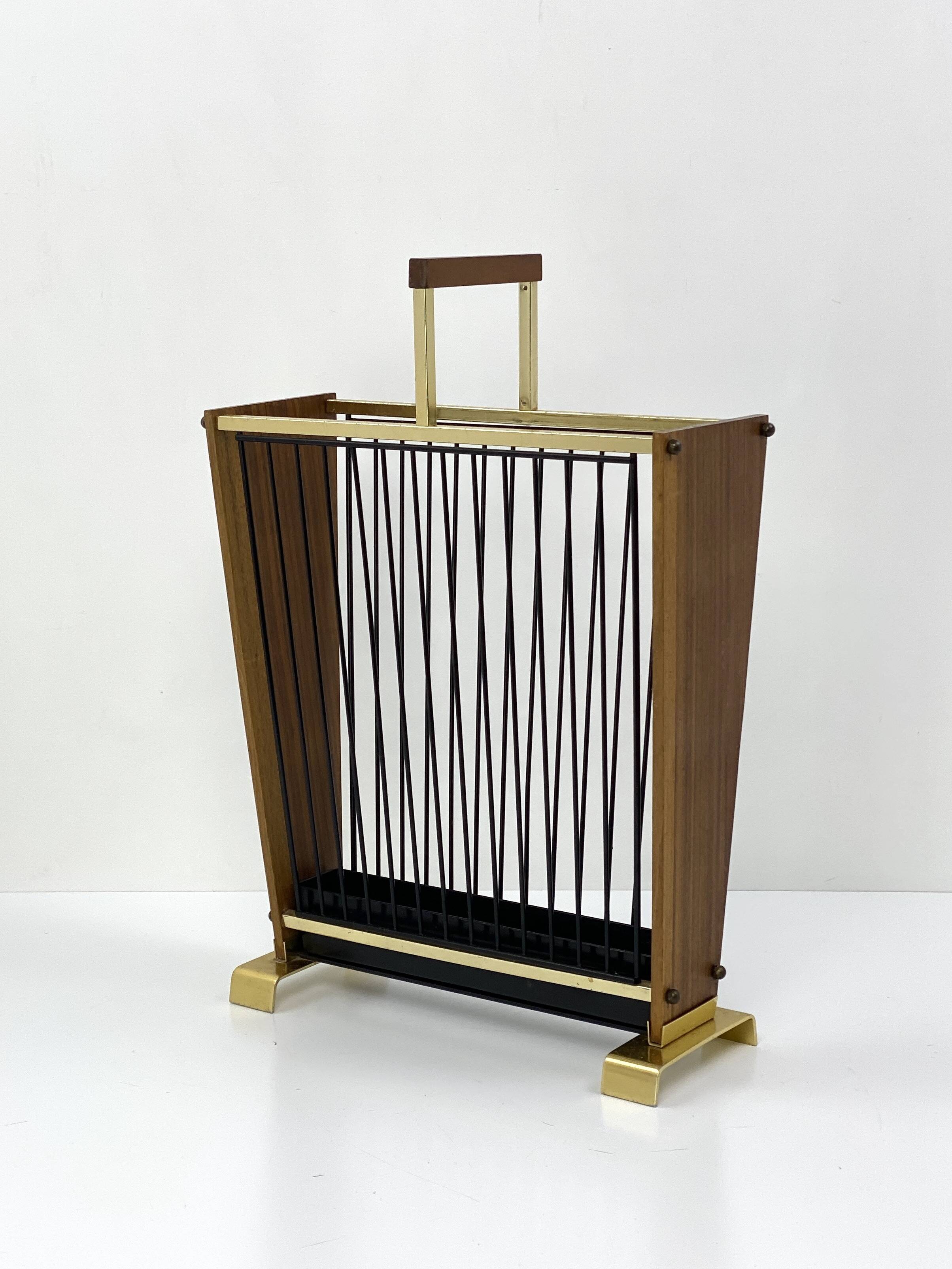 Vintage wooden umbrella stand, brass, 1960s design
