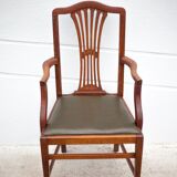 Art Nouveau armchair, wooden armchair with green leather seat, guimard style legs, living room, library