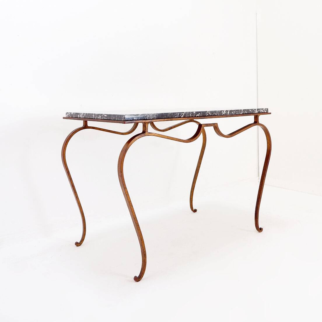 René Prou style gold metal side table with marble top