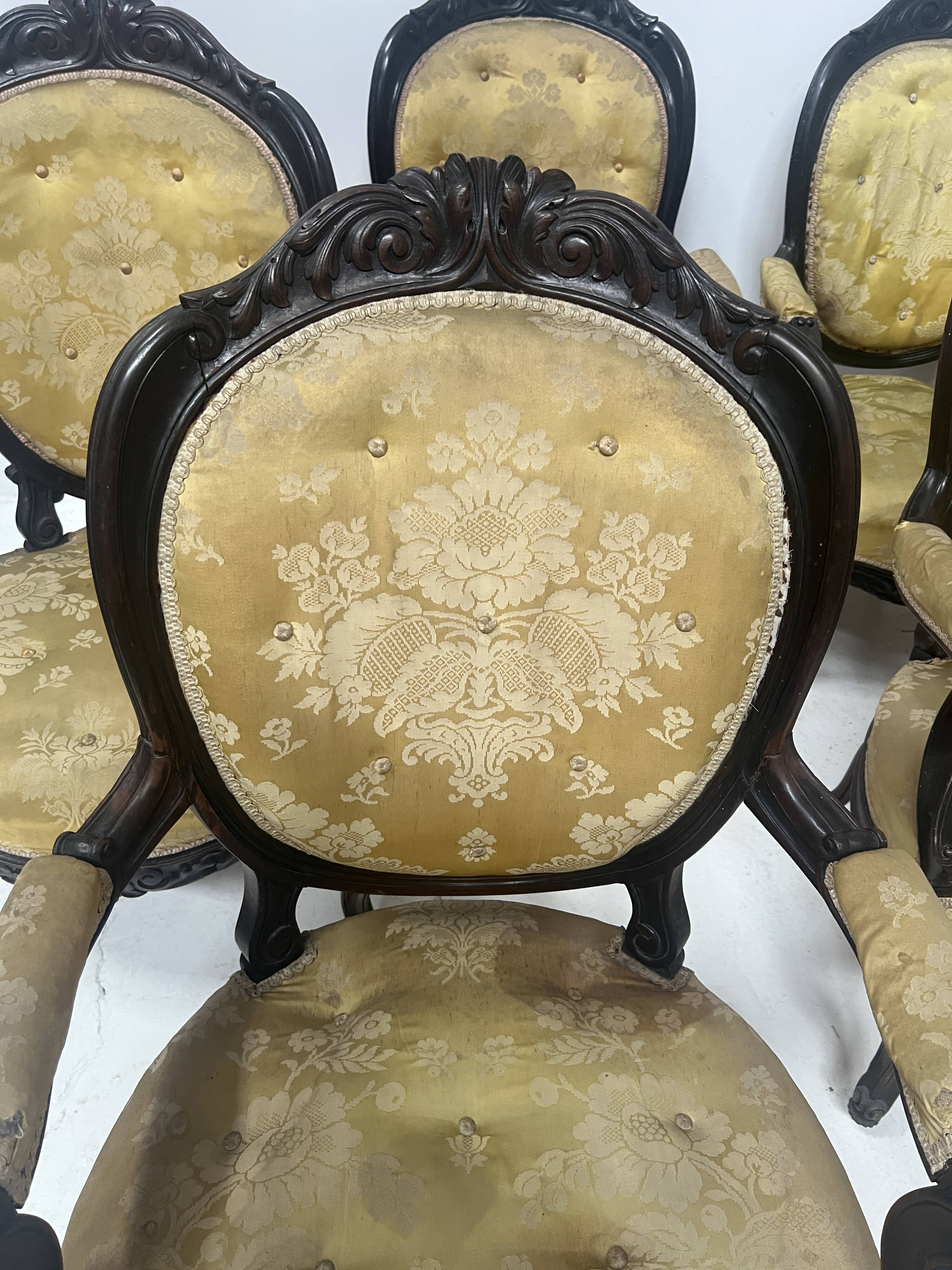 Set of eight Napoleon III style Louis XV armchairs in rosewood, 20th century.