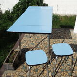 Blue formica table and two stools