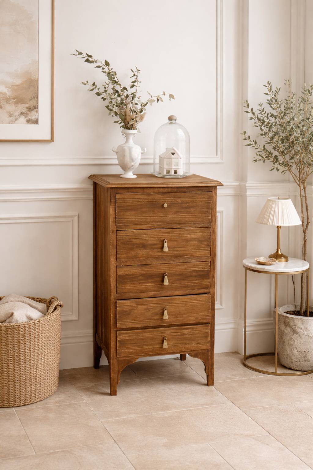 Art Deco chest of drawers in raw wood with 5 drawers.