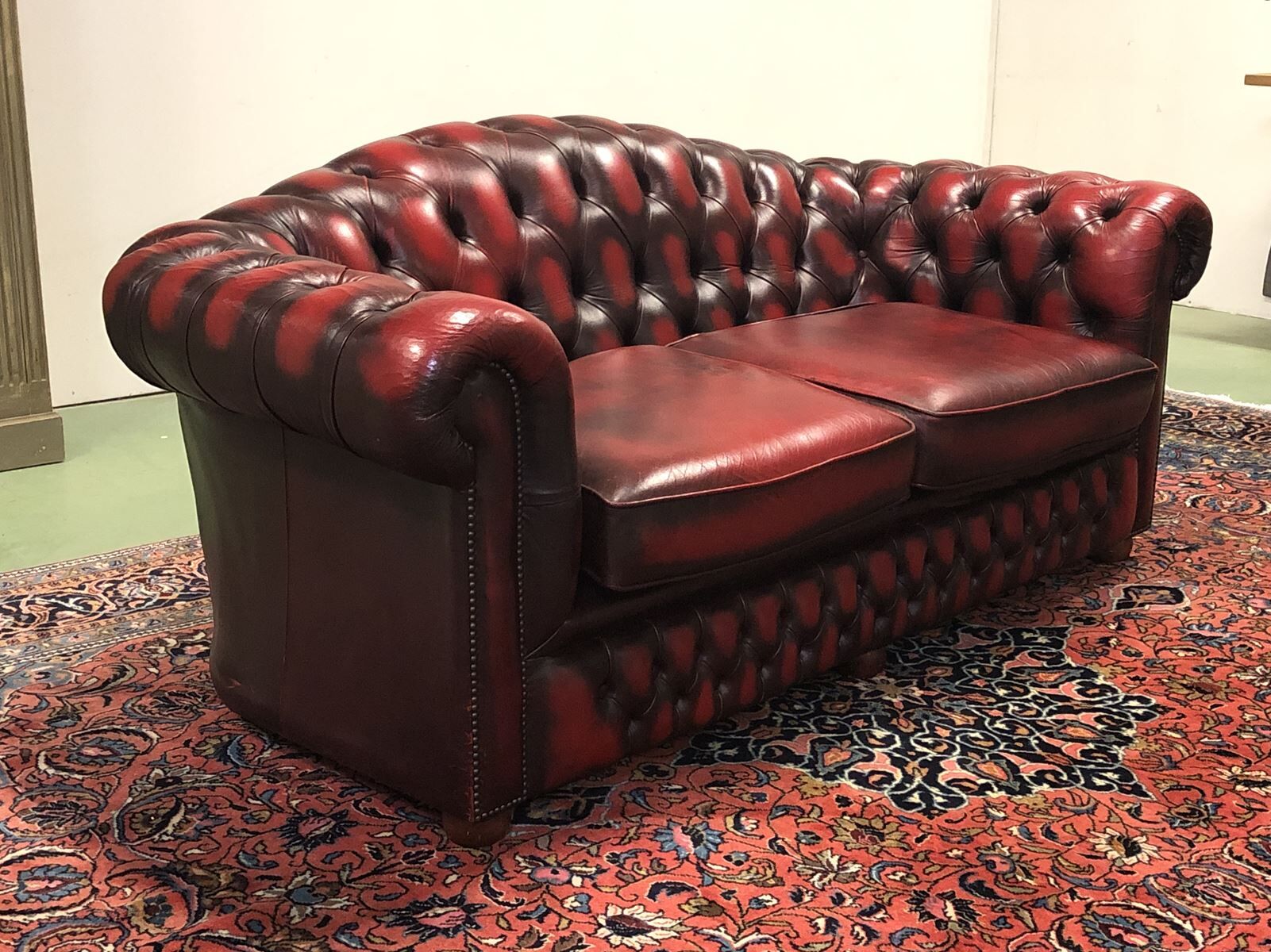 Red leather Chesterfield sofa - 70s