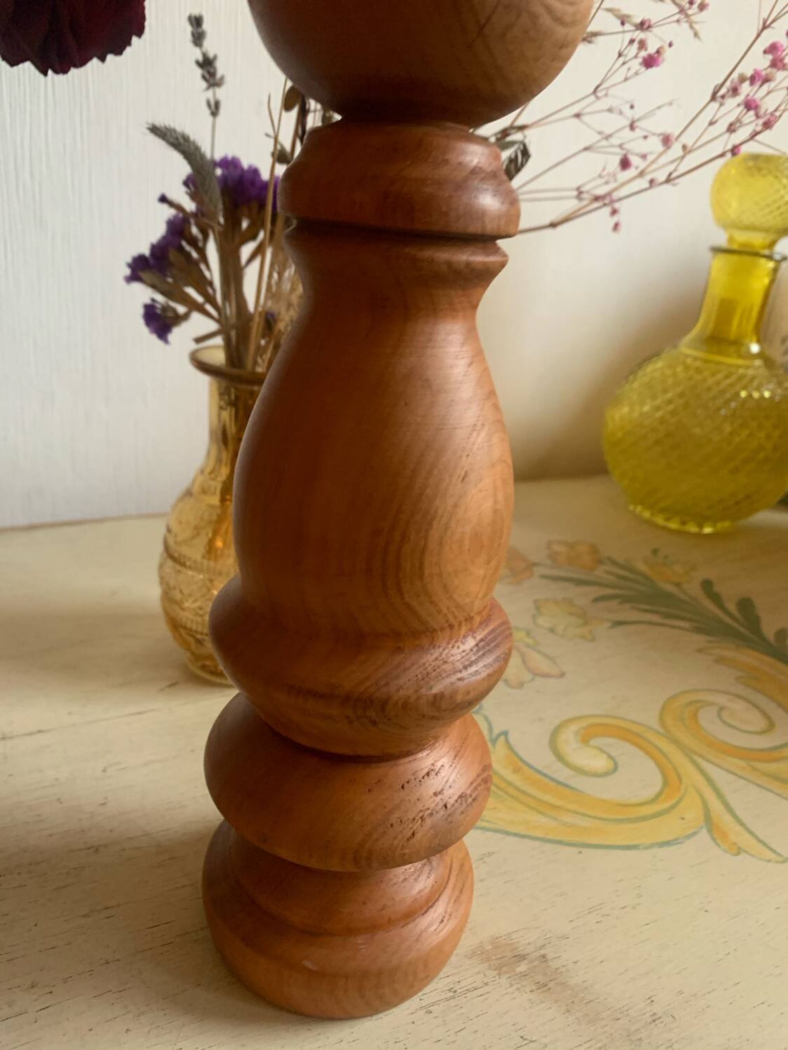 Sculptural Totem Candle Holder 40cm - Turned Solid Wood - 70s Spirit / Pear