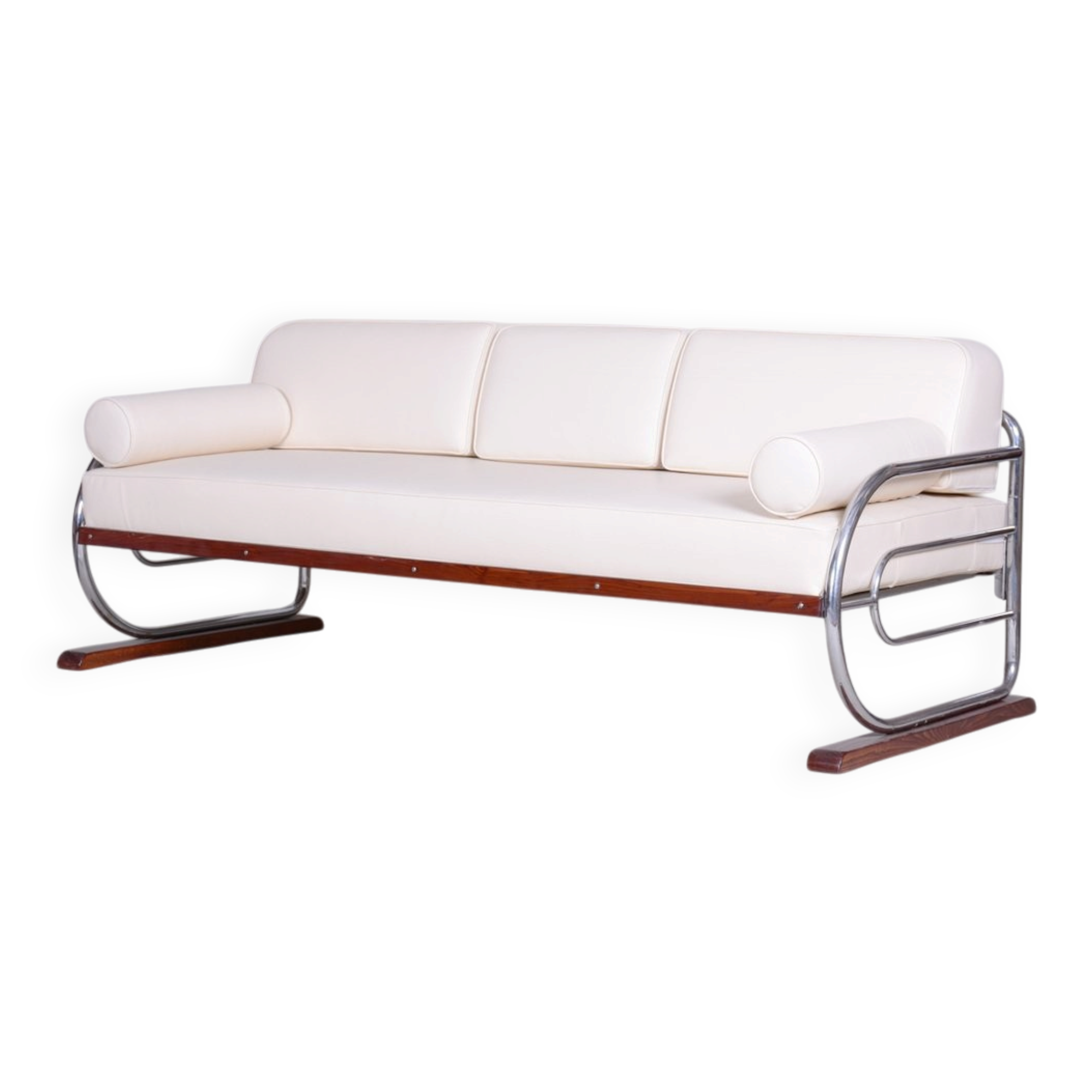 Bauhaus White Tubular Sofa in Beech, Chrome-Plated Steel & High Quality Leather attributed to Robert Slezák for Slezak Factories, Czech, 1930s