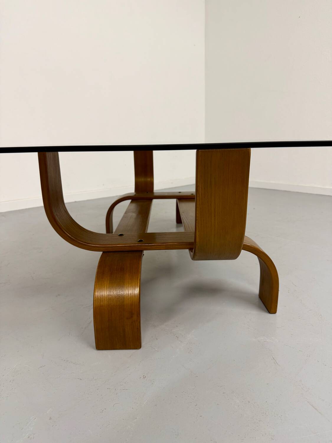 Vintage Fubo coffee table, 1970s design, made of bent wood and smoked glass