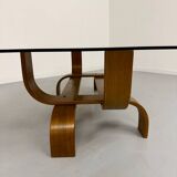 Vintage Fubo coffee table, 1970s design, made of bent wood and smoked glass