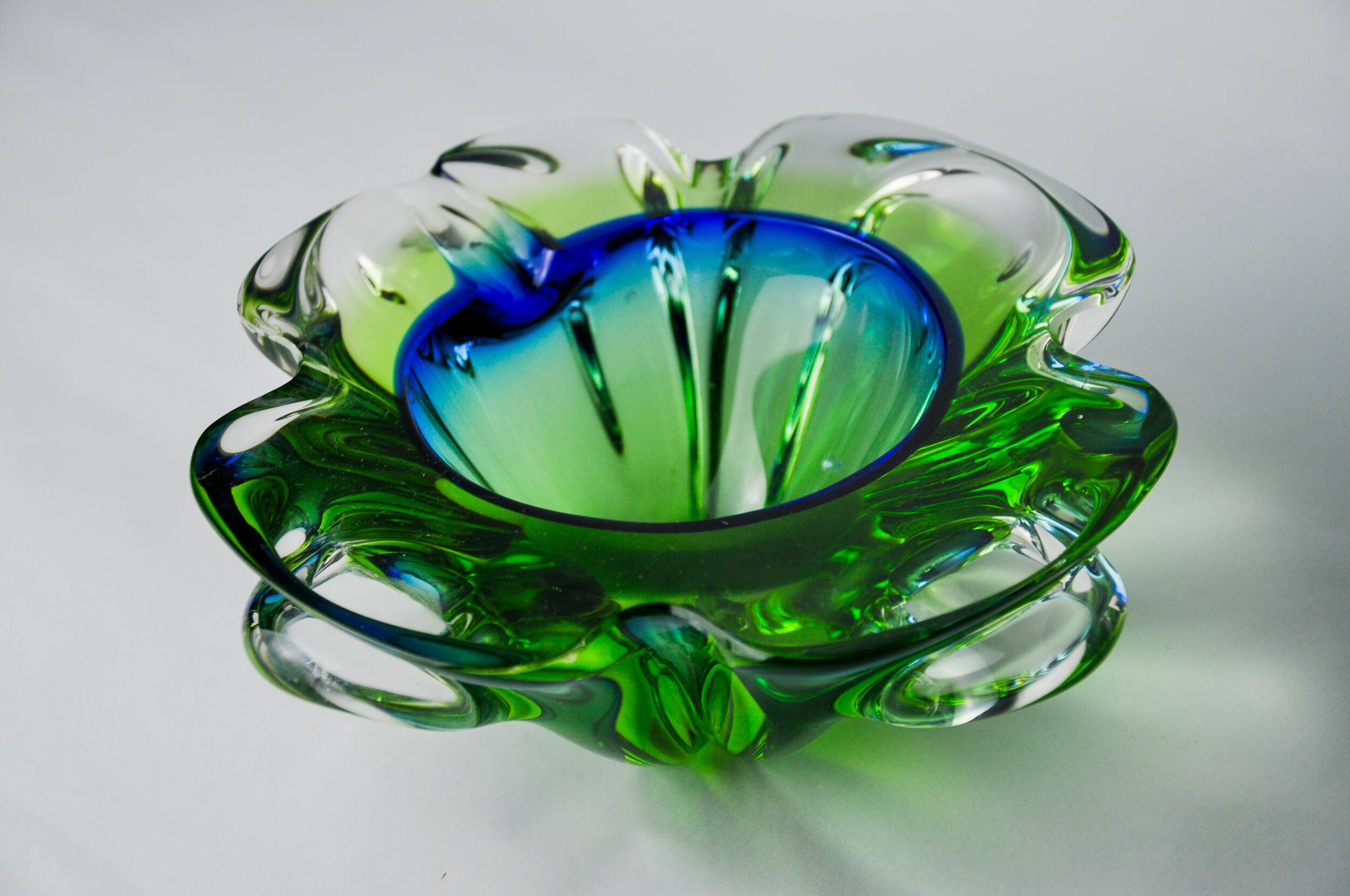 Sommerso green and blue pocket emptier by Flavio Poli for Seguso, Murano glass, Italy, 1970
