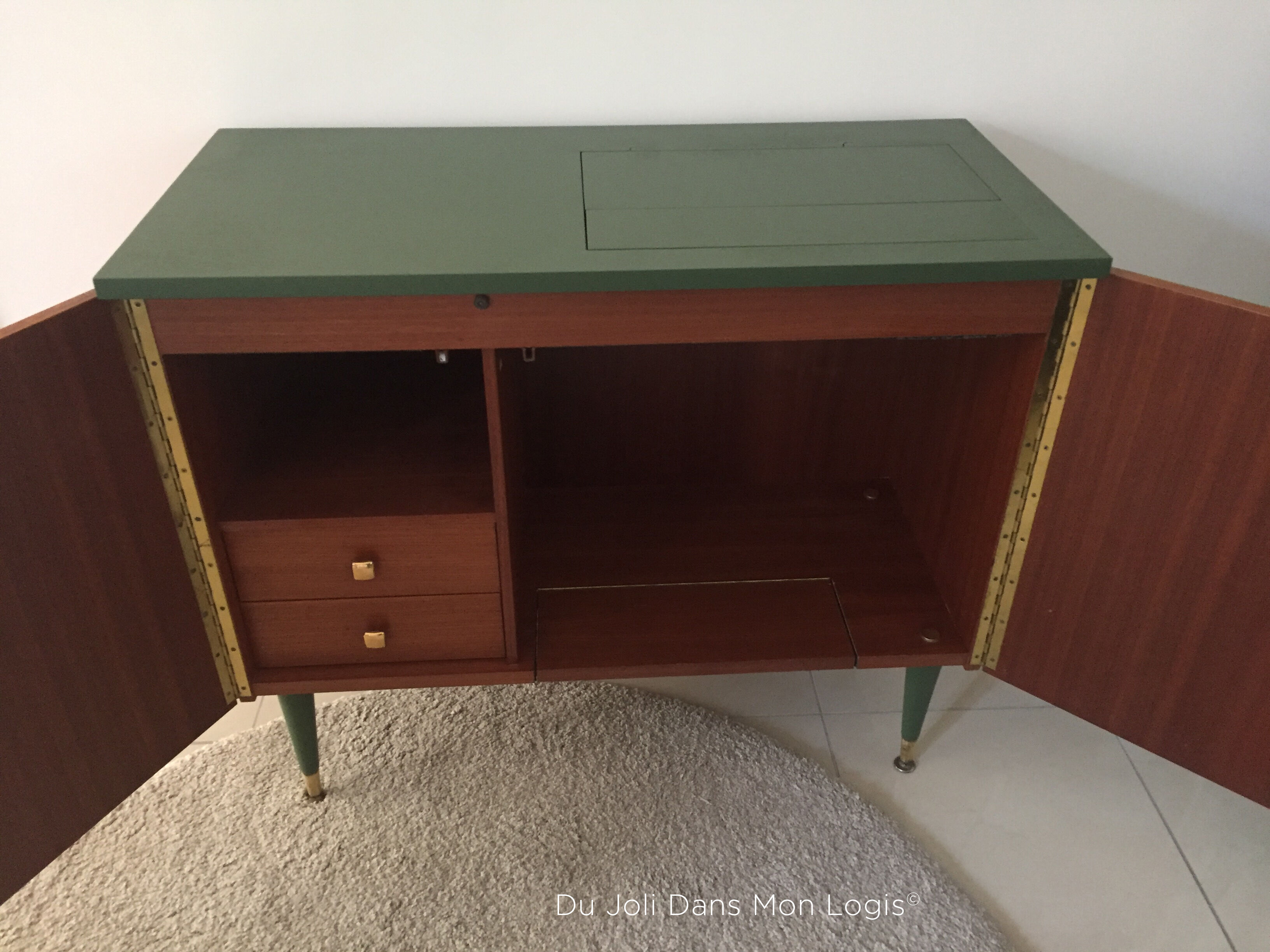 Vintage Scandinavian buffet with wooden compass feet and brass