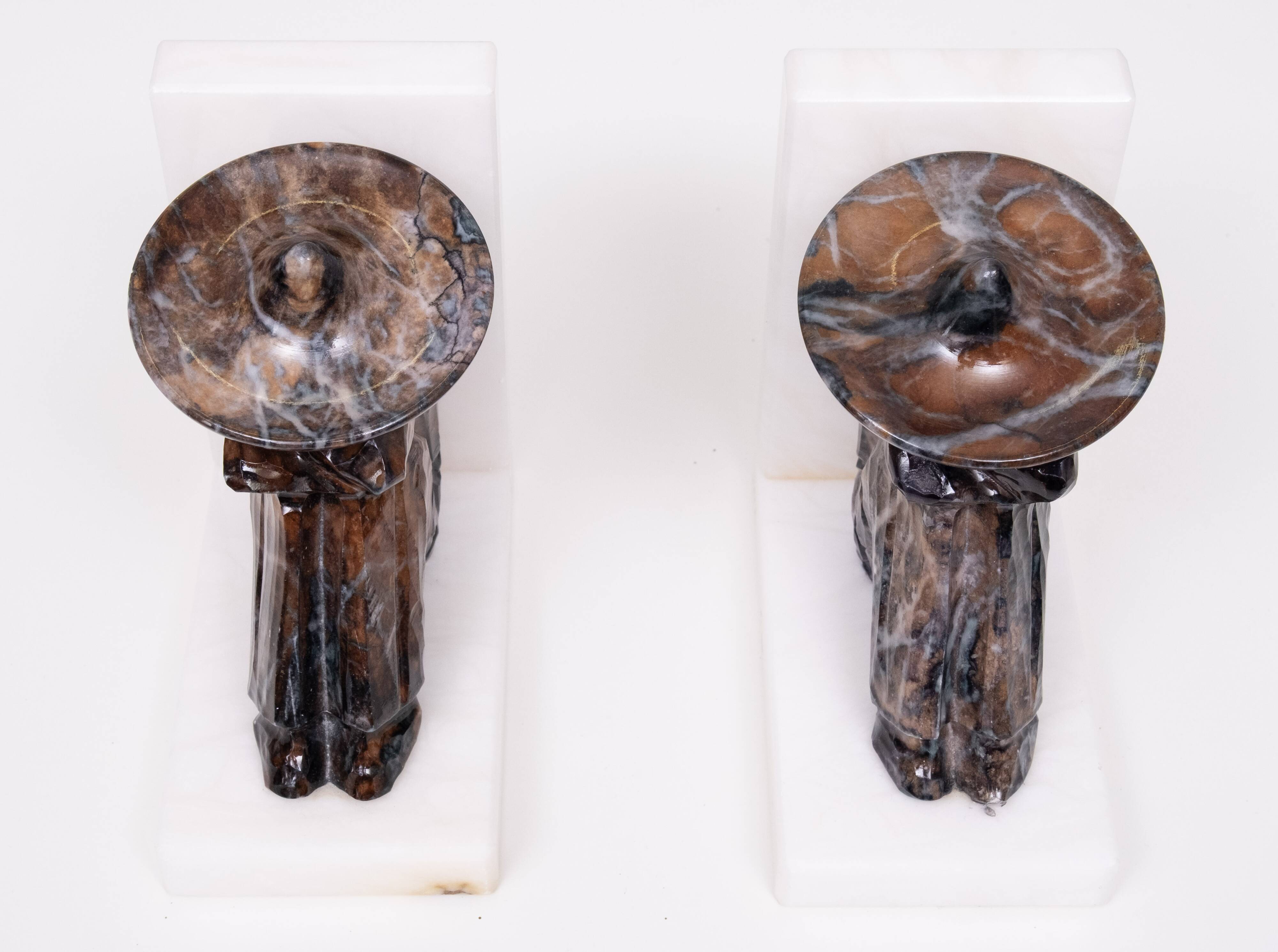 Vintage Onyx and White Marble Bookends, Sombrero Design, Mexico, 1970s
