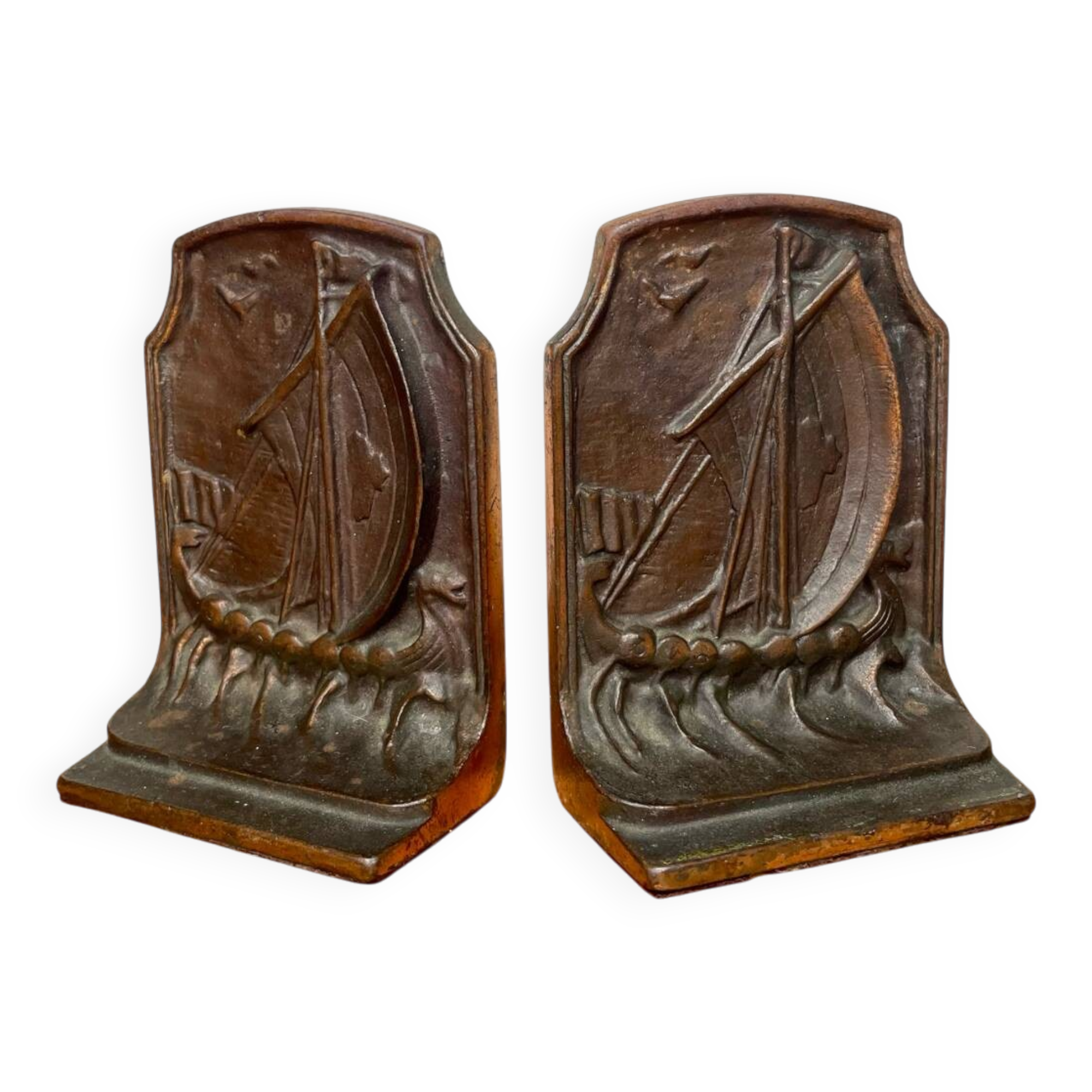 Serre-livres vintage en fonte - motif bateau ancien