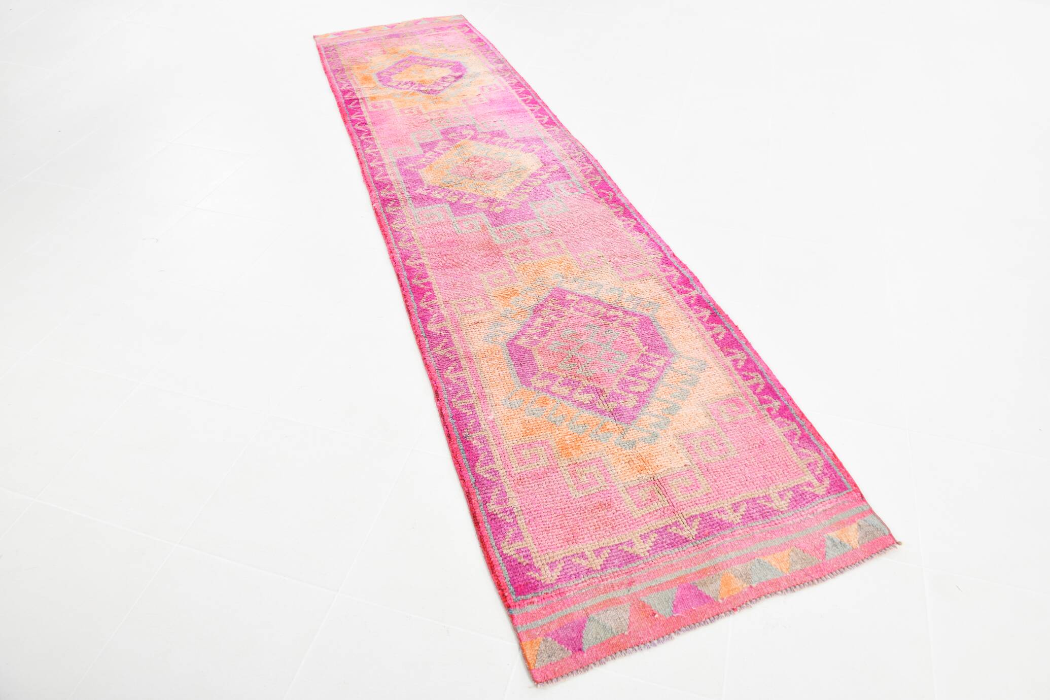 3x12 Fuchisa Pink Turkish Runner,Handmade Wool Vintage Runner Rug,90x359 Cm