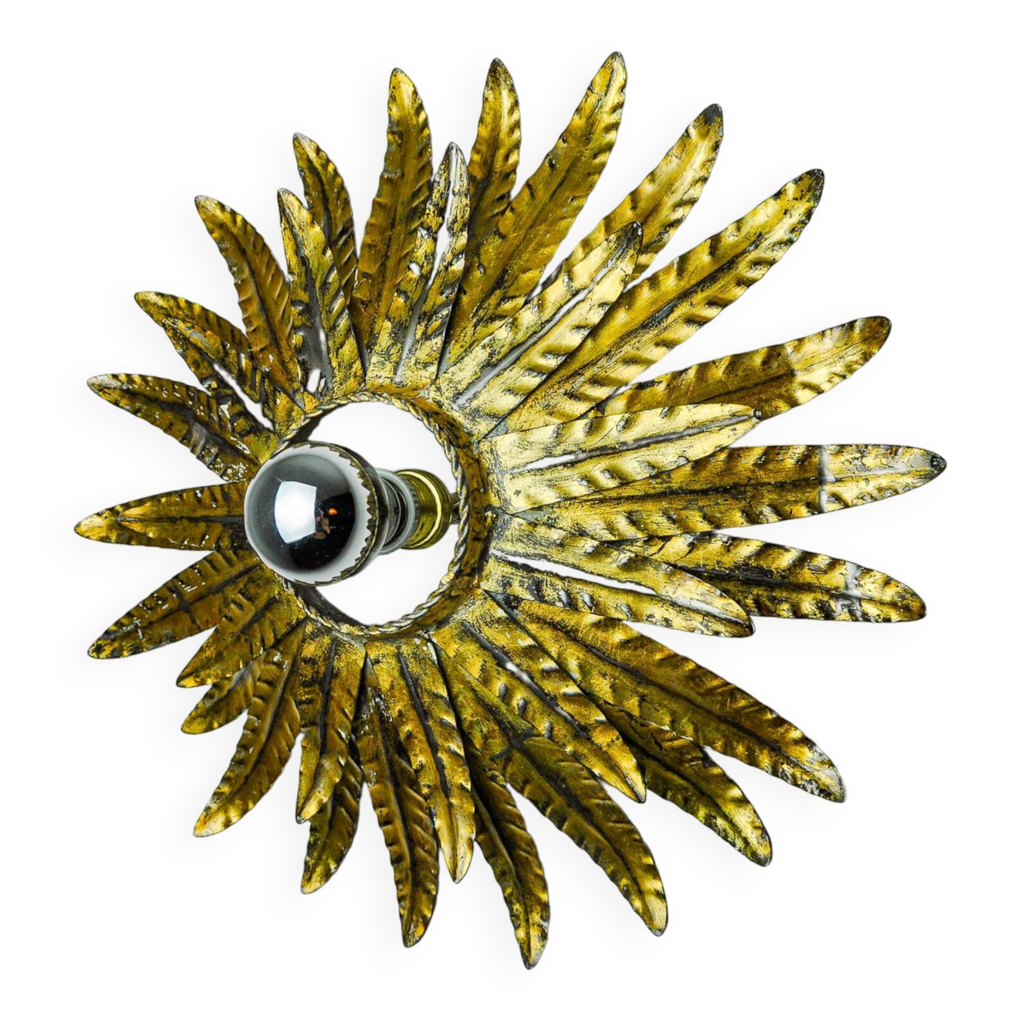 Sun wall lamp by Ferro Arte, metal and gold leaf, Spain 1970