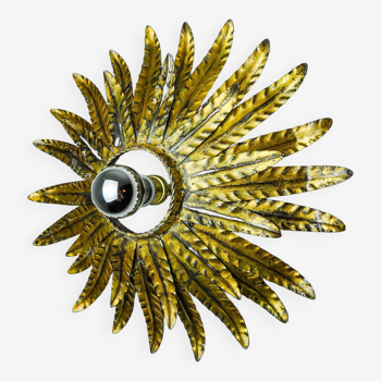 Sun wall lamp by ferro arte, metal and gold leaf, Spain, 1970