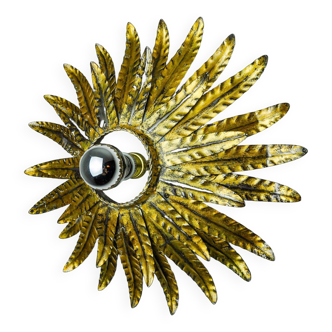 Sun wall lamp by ferro arte, metal and gold leaf, Spain, 1970