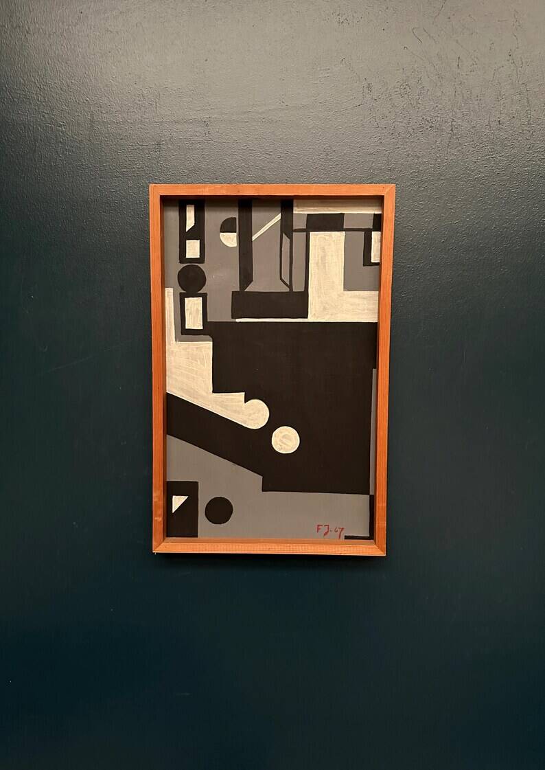 Original Danish Oil on Canvas – “Cultural Revolution in the Passerenden” by Finn Johansen 1967 – Vintage & Framed – 56.5×36.5cm (22.2" × 14.4")