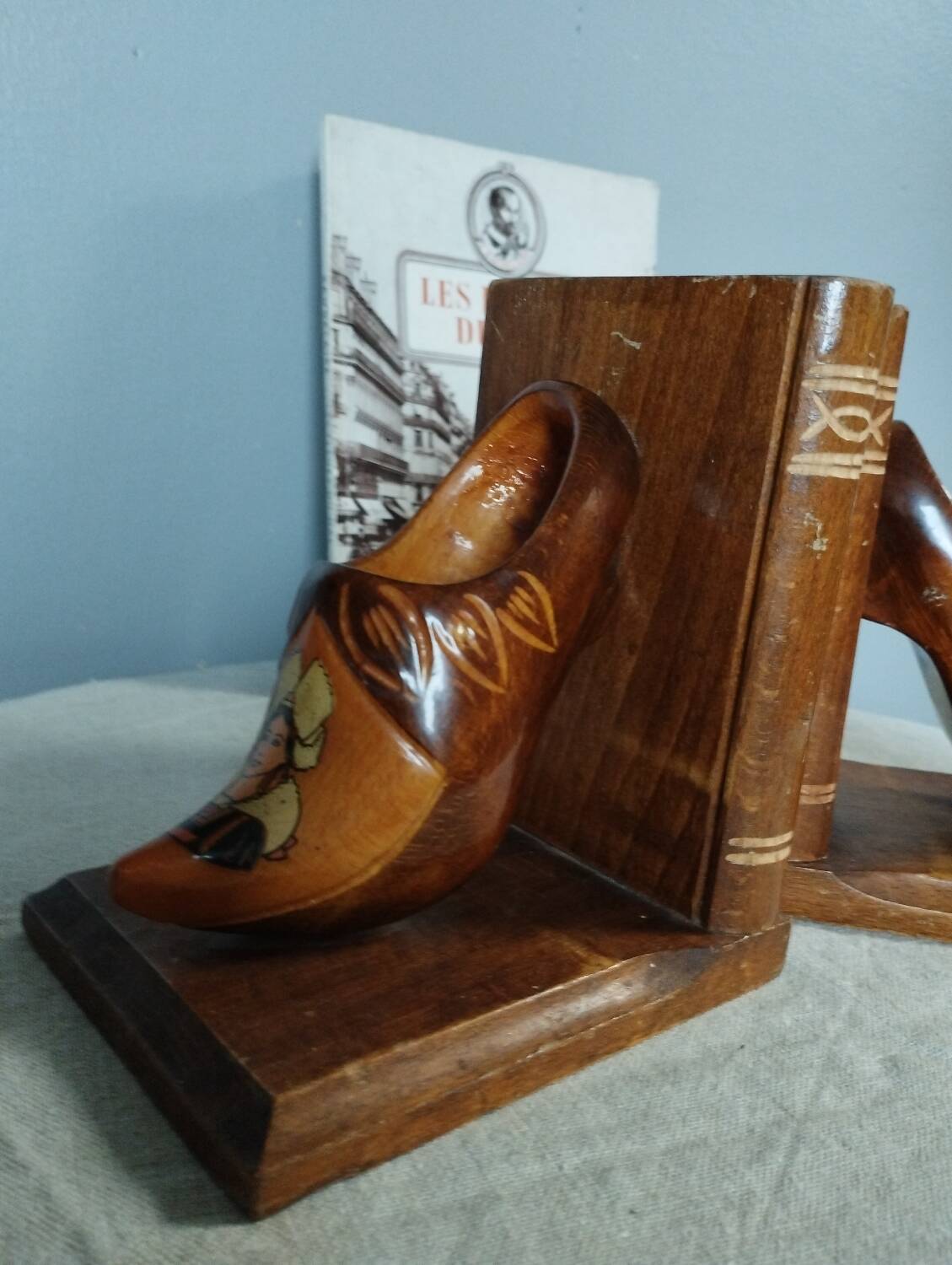 Wooden bookends with clog decoration, Breton craftsmanship, circa 1970